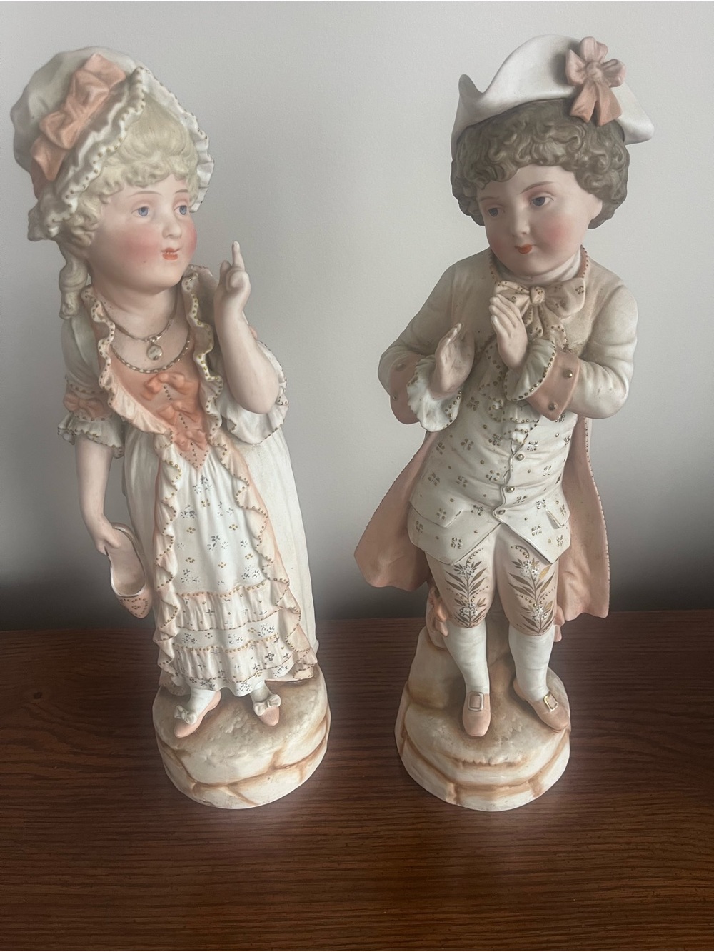 Porcelain Victorian Couple Figurines in Cream and Pink